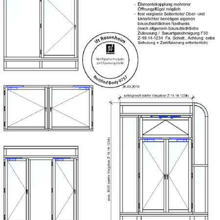 Technische Zeichnung eines doppelflügeligen Brandschutzfensters mit Elementkopplung, Maßen und Zertifikatsangaben des ift Rosenheim
