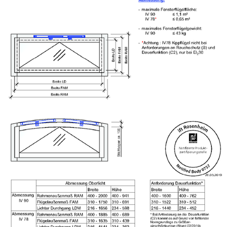 Schemazeichnung eines einflügeligen Brandschutzfensters mit Maßen und technischen Spezifikationen, versehen mit dem ift-Rosenheim-Zertifikatssiegel